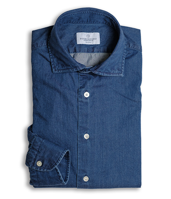 製品洗い加工】ネイビー インディゴ デニム ドレスシャツ | 土井縫工所
