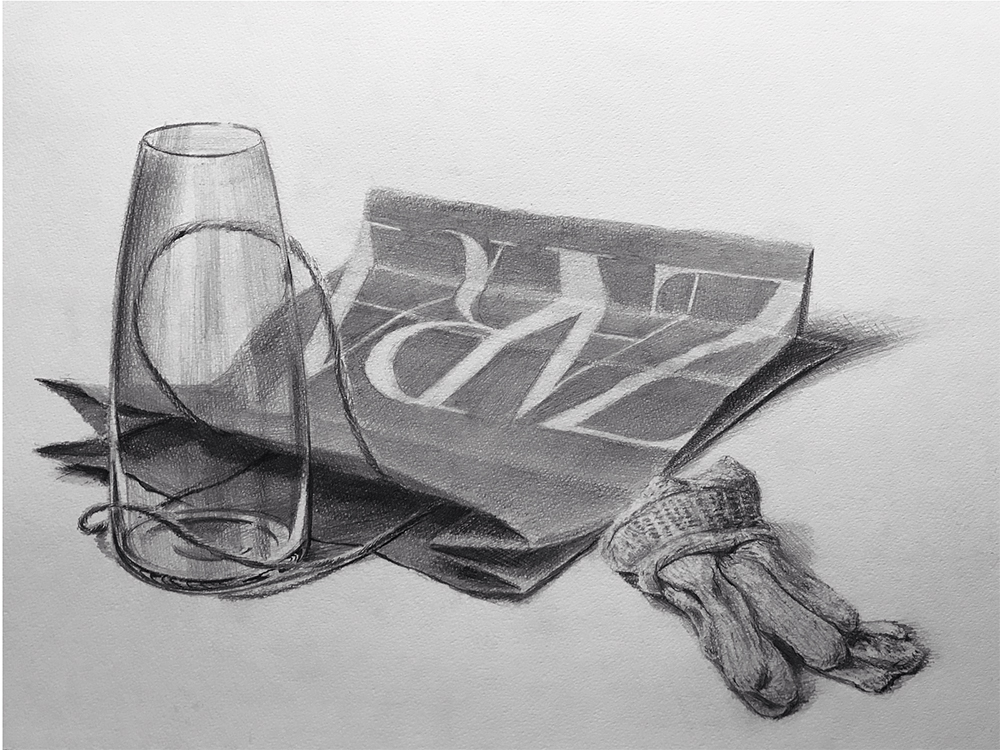 投稿デッサン添削「ガラスの容器と紙袋と軍手のデッサン」