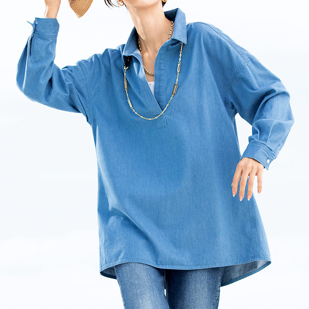 製品洗い加工 ライトオンスデニム スキッパーシャツ 通販 - ディノス