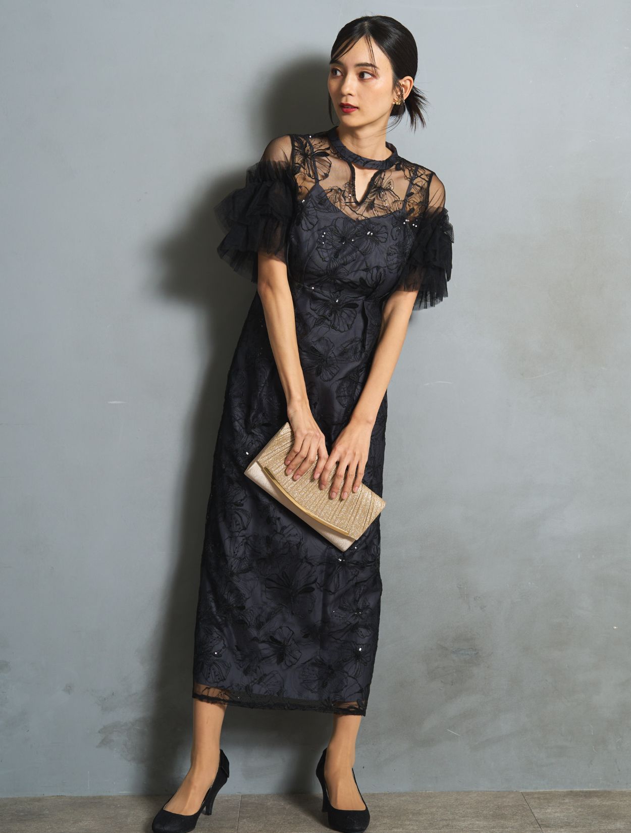 M/L】スパンコール刺繍レースドレス（ブラック）DPSET0749のレンタル