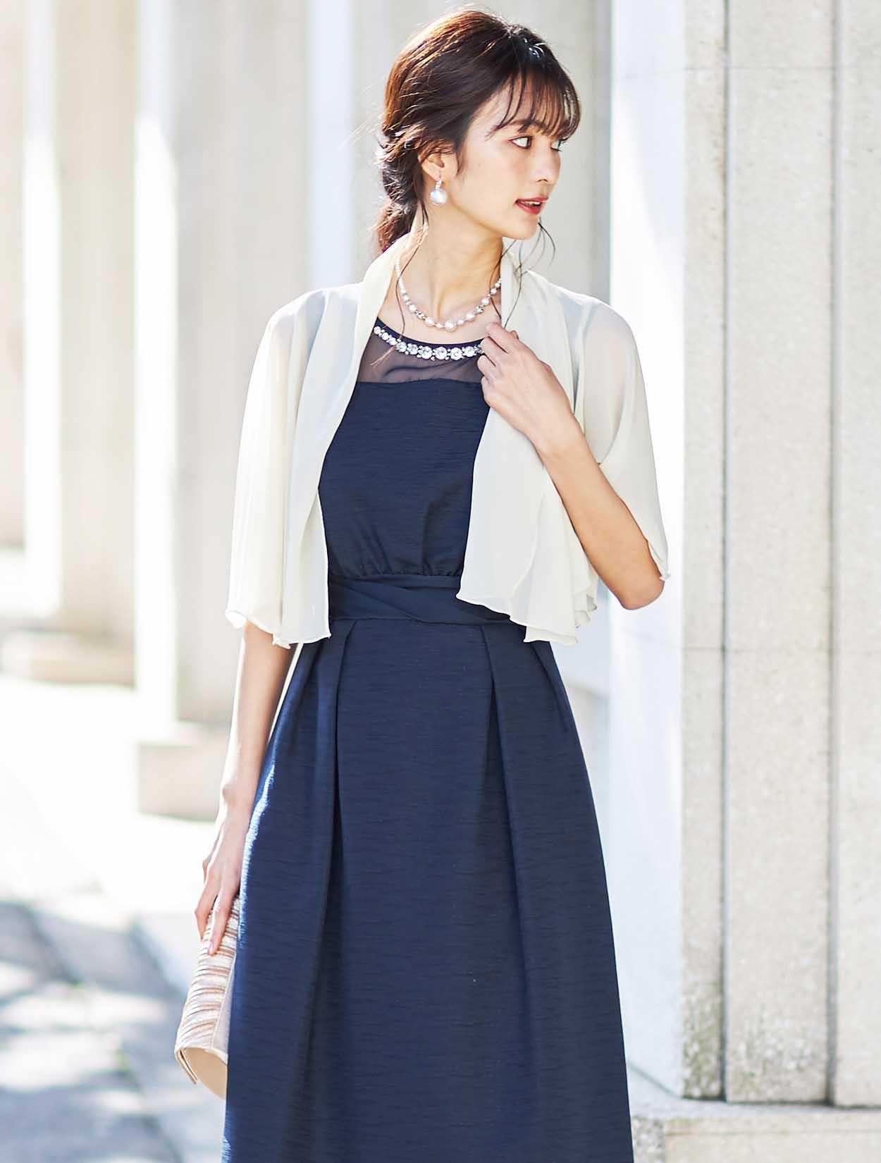 LL/5L】オーガンジー切替ウエストタックドレス（ネイビー）DPSET0406L