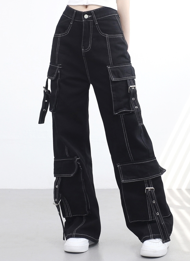 サイドベルトポケットステッチワイドパンツ | レディースファッション