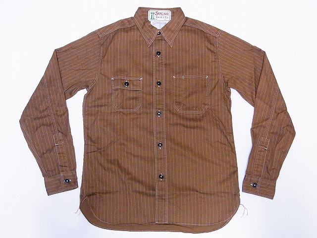 美品 シュガーケーン ブラウン ウォバッシュ ストライプ ワーク シャツ