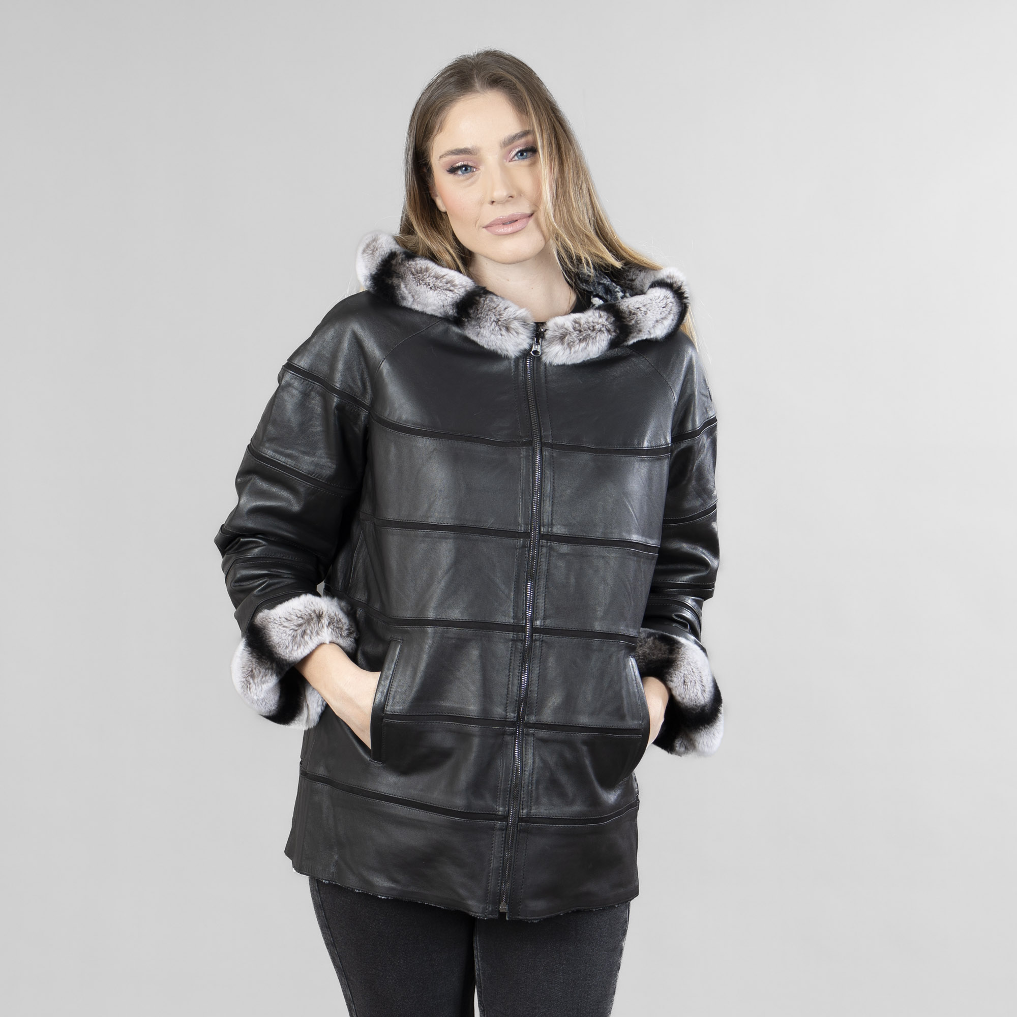 Black leather jacket with a synthetic wool collar | eFurs