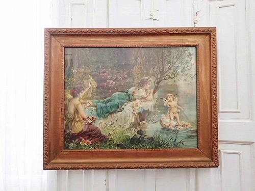 多色刷美術印刷 額装 『森の妖精と天使』 - 薔薇と天使のアンティーク