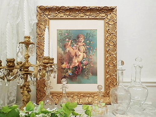 華麗 美術印刷 『薔薇と天使が舞う空』 額装 - 薔薇と天使のアンティーク