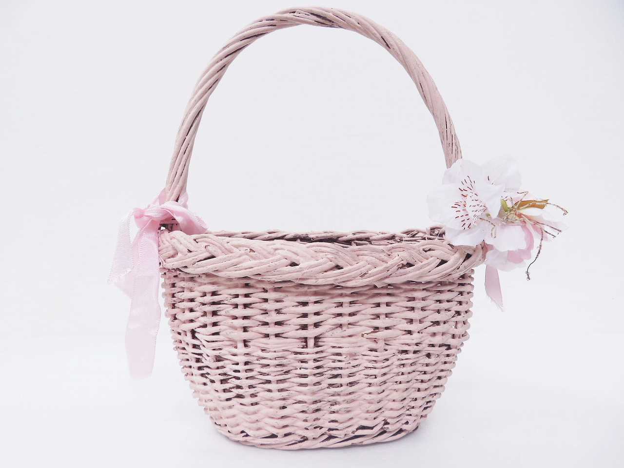 ピンク リボンフラワーバスケット - 薔薇と天使のアンティーク