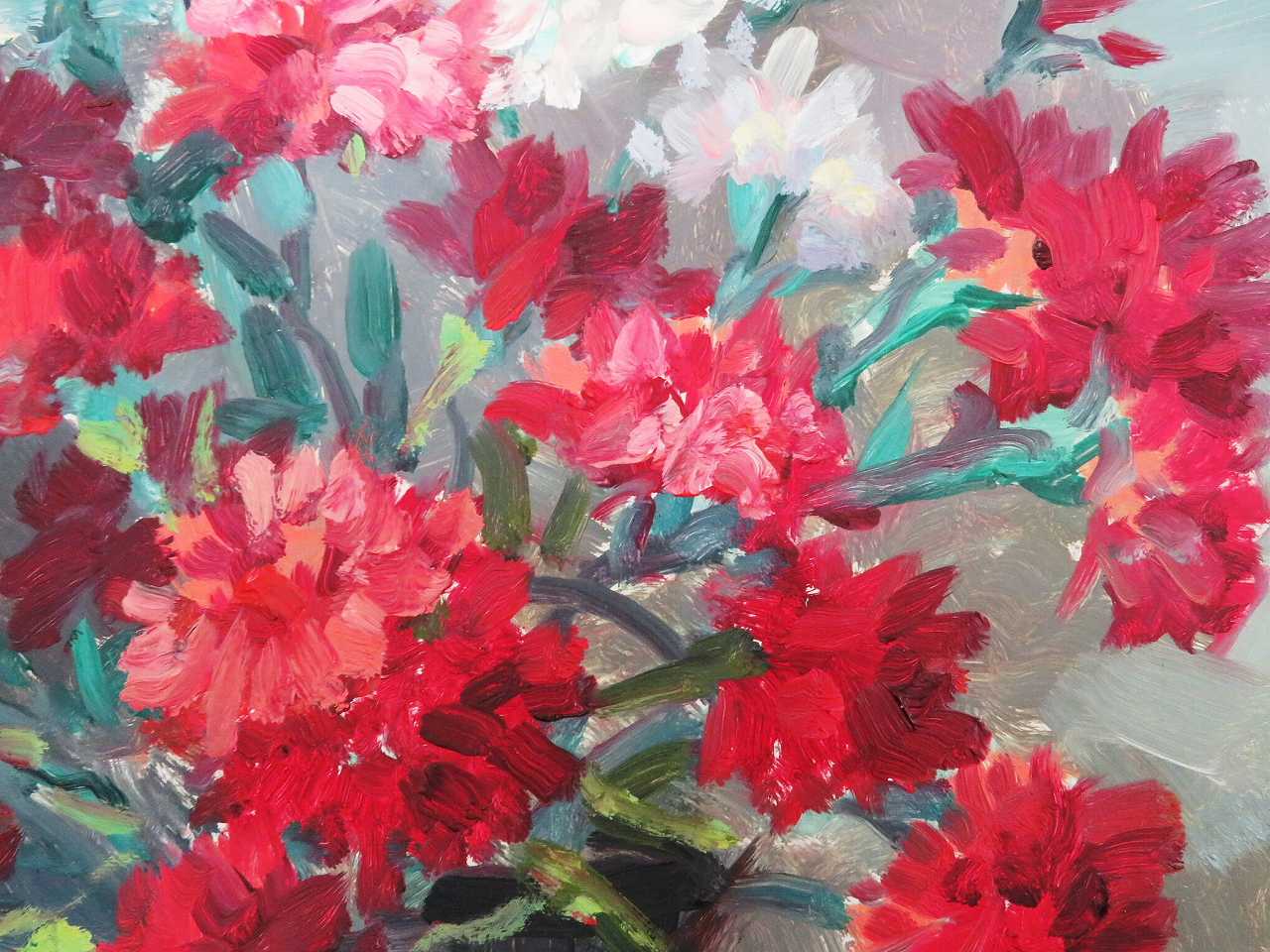 静物画油絵『花のある風景』（カーネーション） - 薔薇と天使の