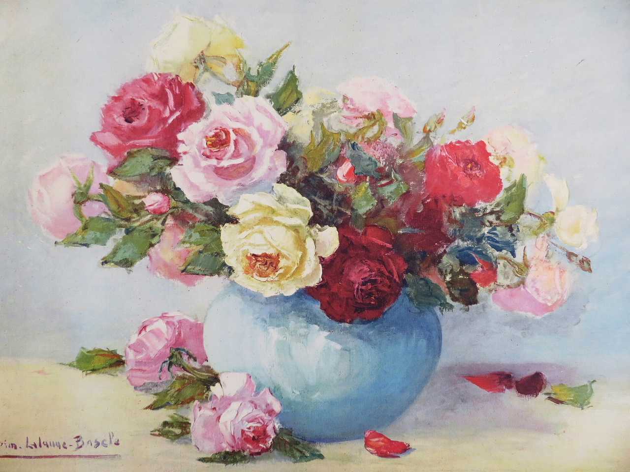 薔薇の油絵『薔薇のある風景』 - 薔薇と天使のアンティーク