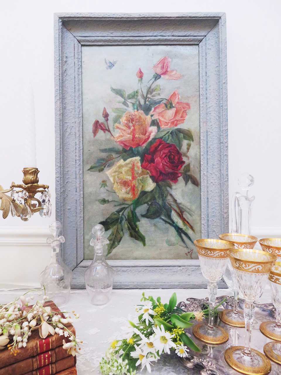 Y.Janloe作油絵『薔薇のある風景』 - 薔薇と天使のアンティーク