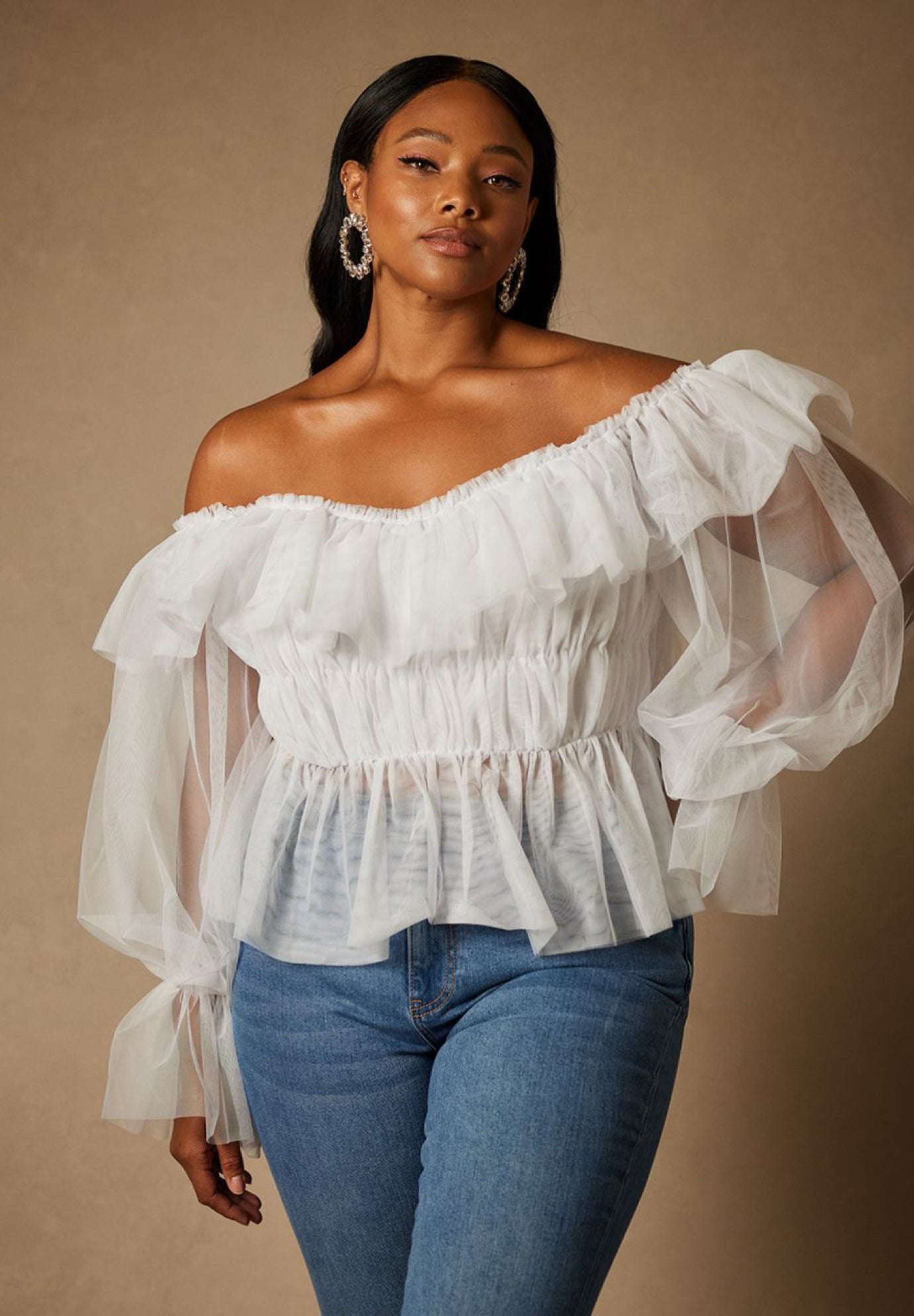 Tulle Pleated Off-Shoulder Bridal Top, True White | ELOQUII