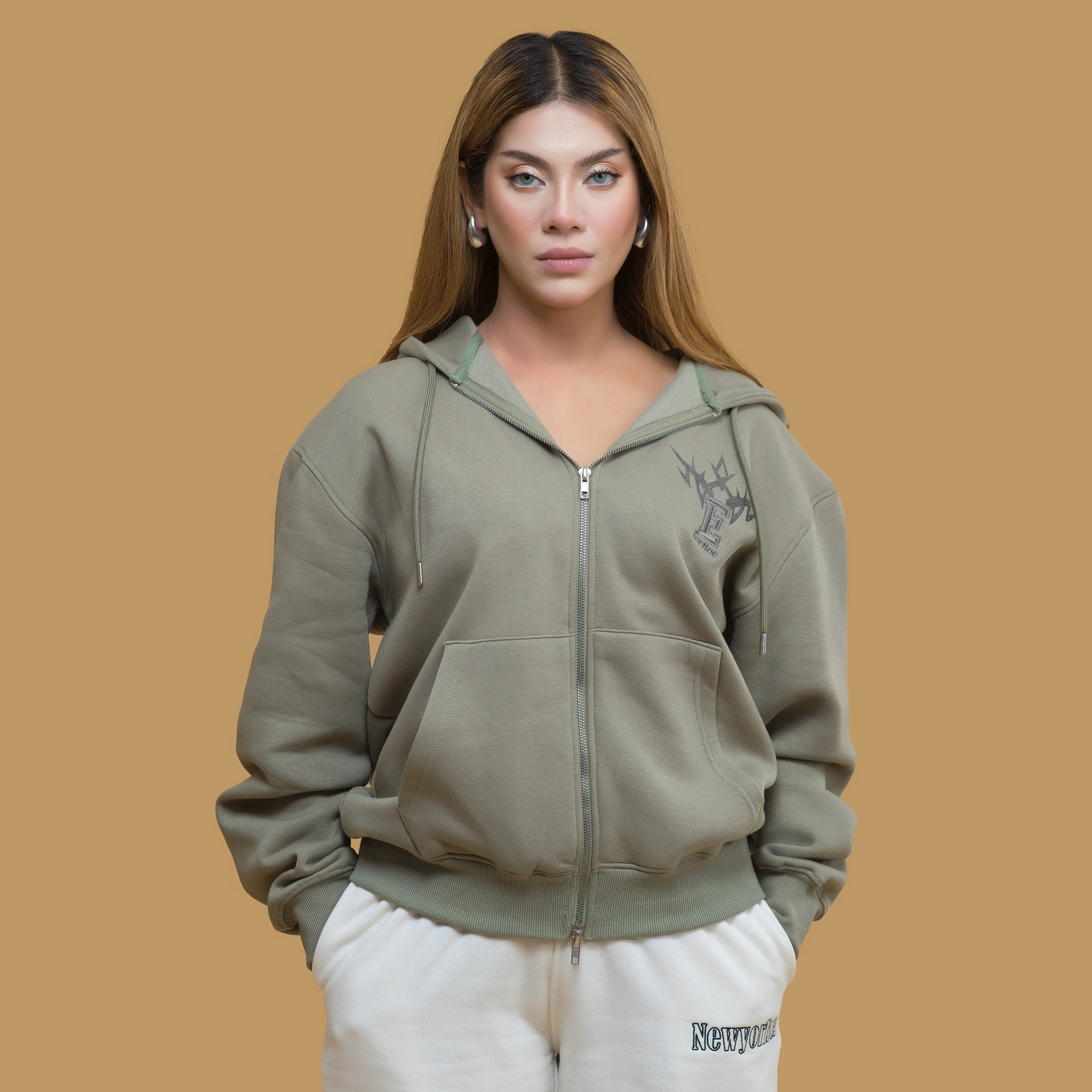 Olive Green Zip Up Hoodie – Oversized Drop Shoulder Embroidered