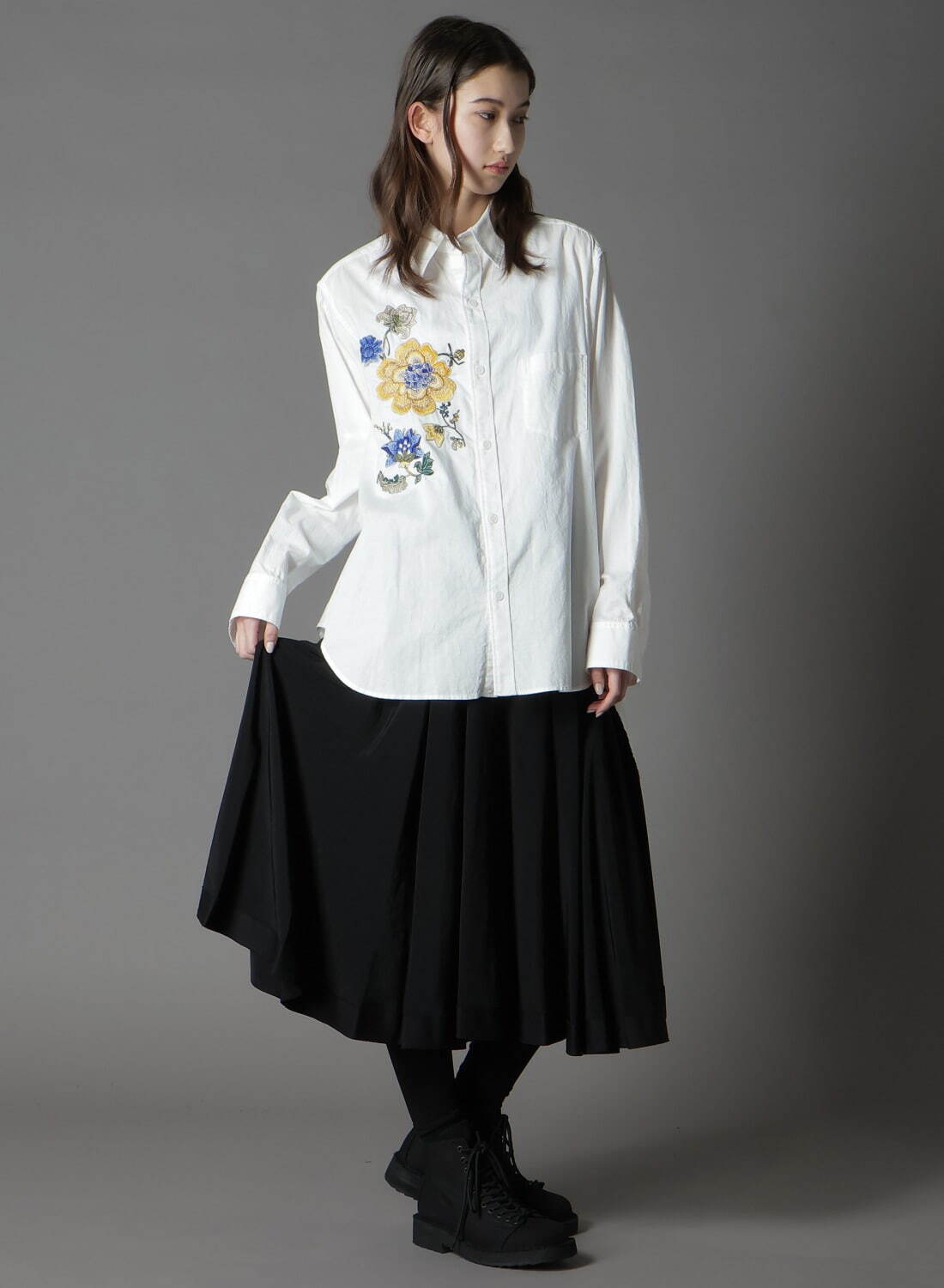 ヨウジヤマモト「グラウンド ワイ」スリムな”中華花刺繍”シャツ、大阪