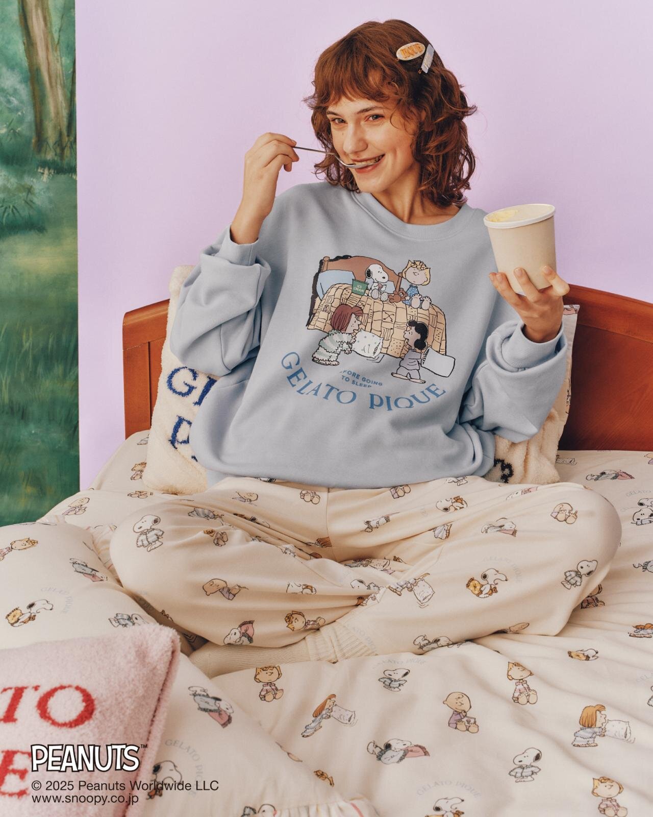 ジェラート ピケ「ピーナッツ」ルームウェア、“おやすみ前”スヌーピー