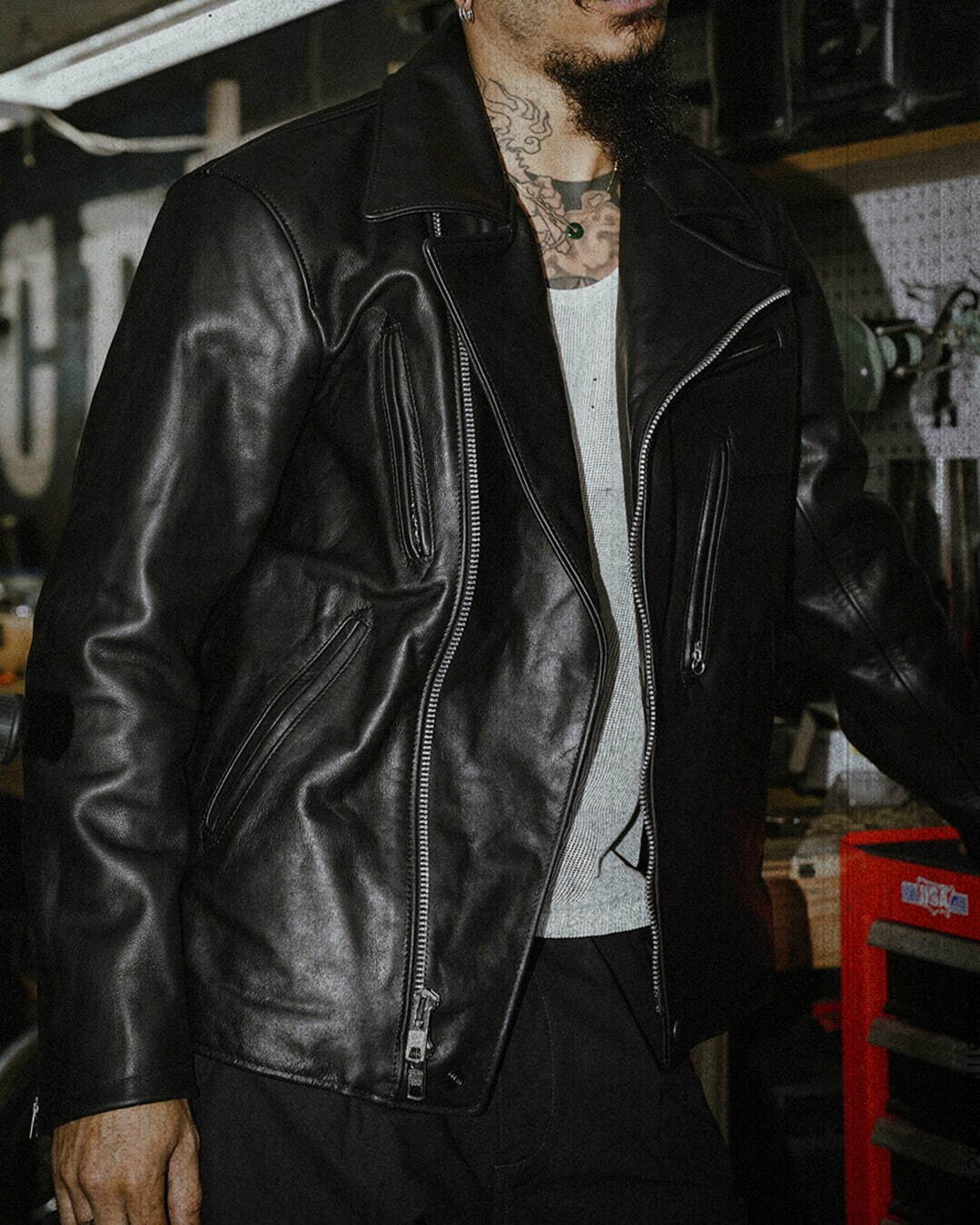 エンジニアド ガーメンツ×ショットのライダースジャケット、パーツを