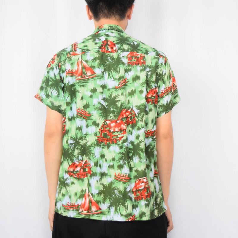 50s 50年代 ピルグリム 総柄 オープンカラーシャツ ループカラー 日本