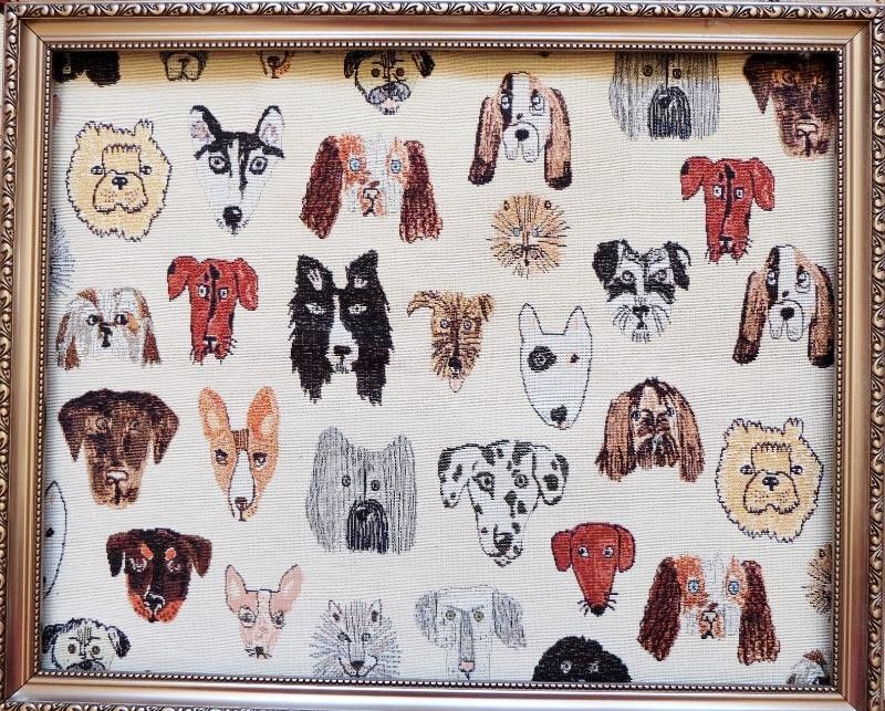 はぎれ：ゴブラン織り シアン（犬デザイン、ライトアイボリーベース）