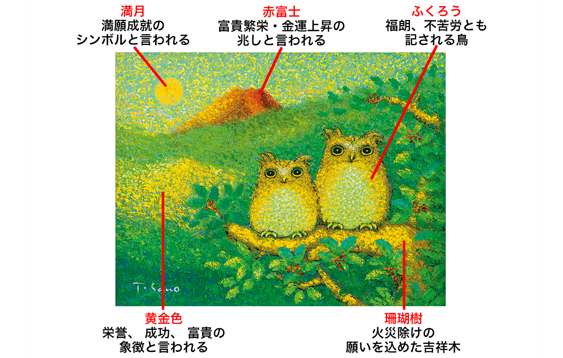 黄金のふくろうと赤富士 佐野千恵子作油絵 | G-Callショッピング