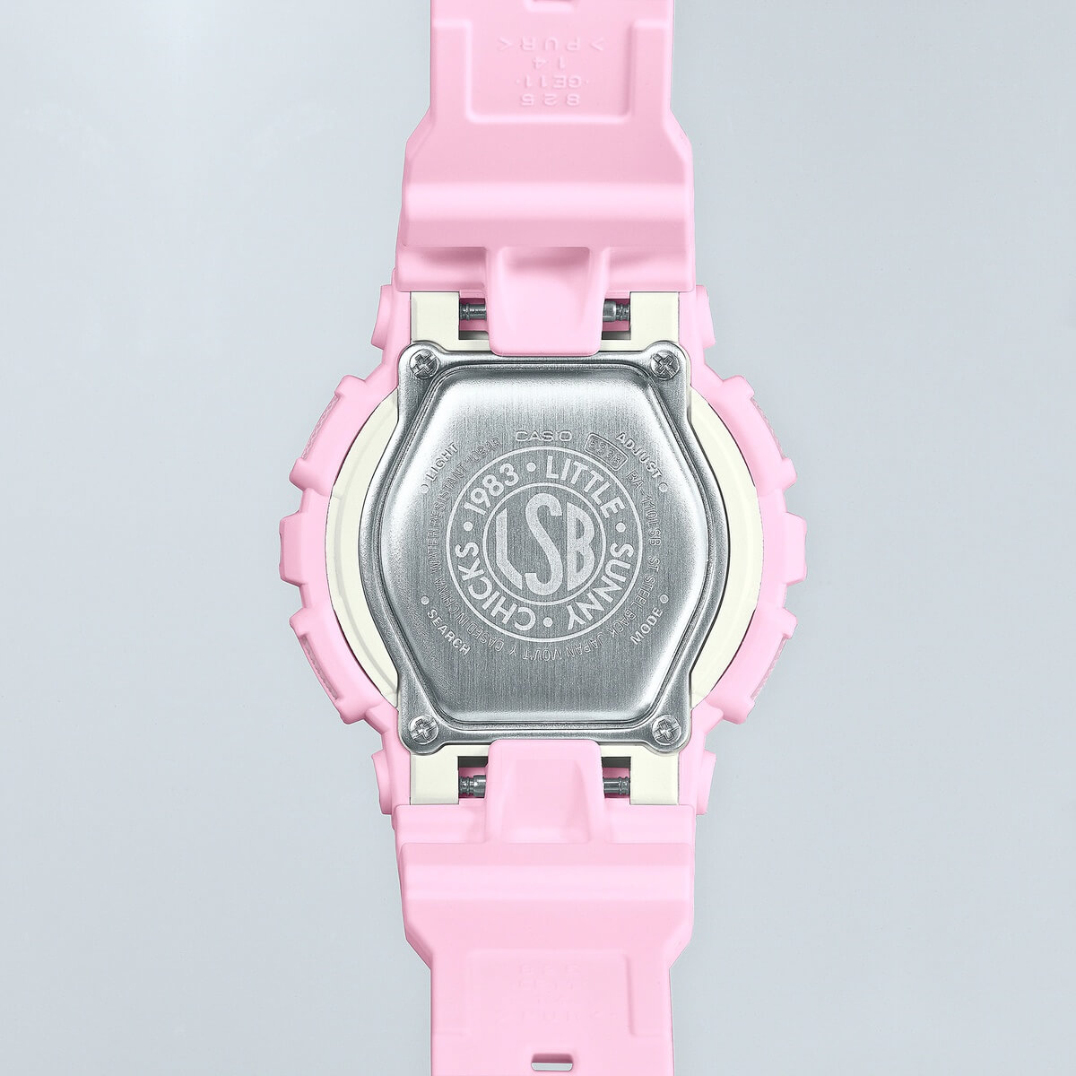 Little Sunny Bite x Baby-G BA-110LSB-4A is pastel pink and covered