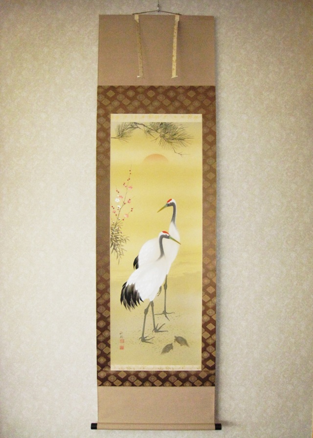 掛け軸 陽光双鶴◇加野秋谿（真作・新品）
