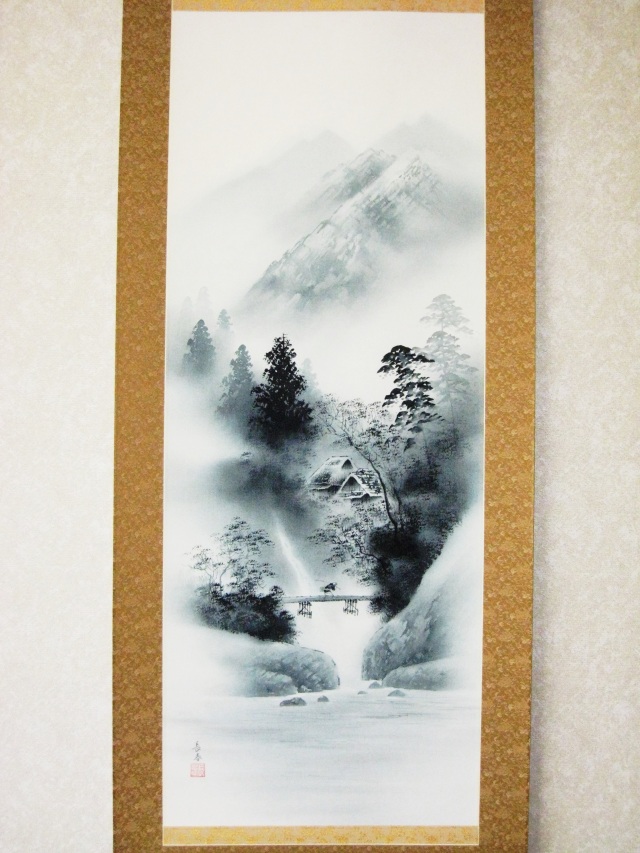 掛け軸 水墨山水◇中野長春（真作・新品）