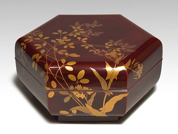 草花蒔絵 六角形菓子器 平安 西村象彦 逸品作 共箱 喰籠 | 古美術ささき