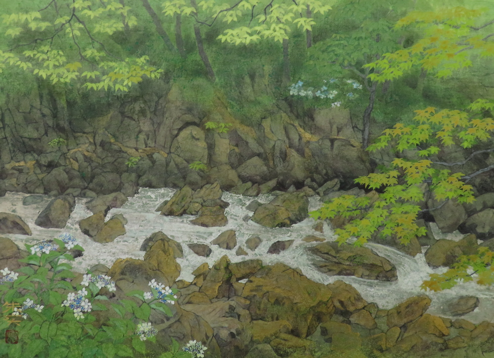 横山朱実 『新緑渓谷』 [古美術こもれび] 骨董,掛軸,絵画の買取と販売