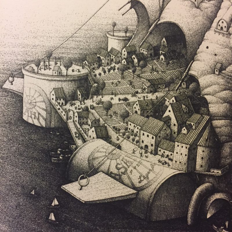 川原田 徹銅版画 「風力発電装置つき水上かぼちゃ浄土」 ｜ 版画