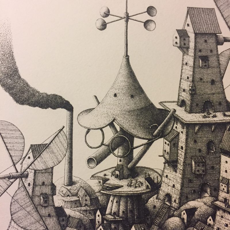 川原田 徹銅版画 「風力発電装置つき水上かぼちゃ浄土」 ｜ 版画