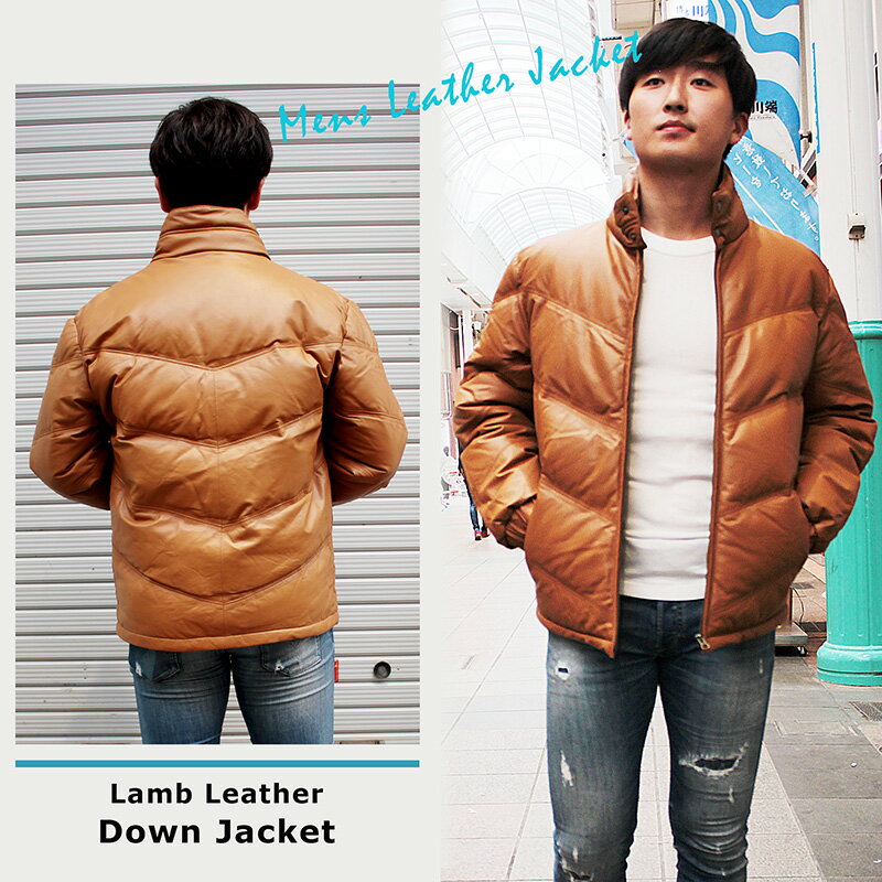 ラム革 ダウンジャケット メンズ スタンドカラー ブラック/ダーク