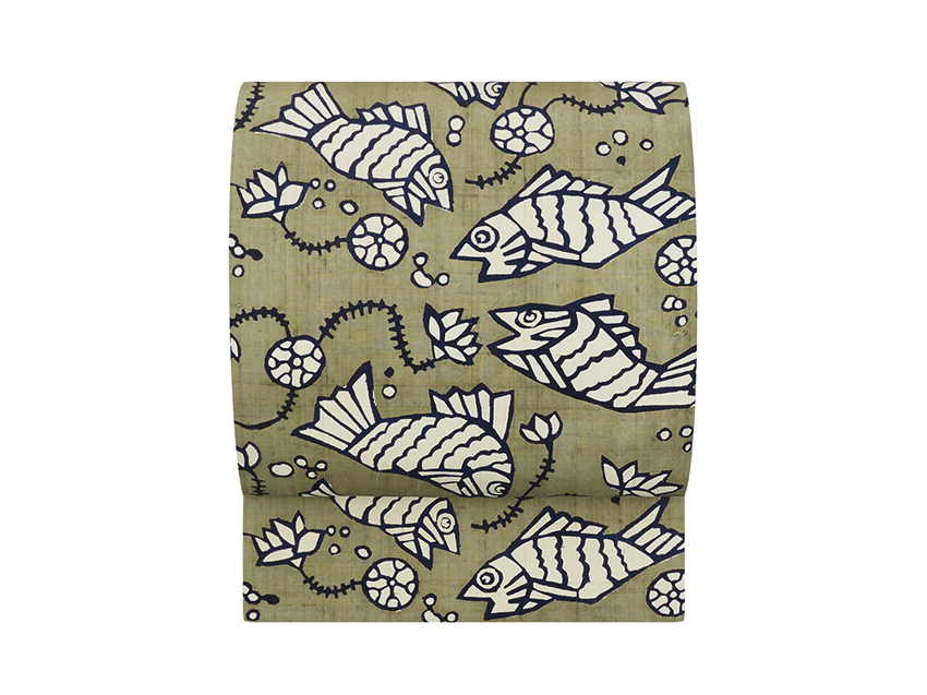 魚の模様型絵染名古屋帯 国画会会員 柚木沙弥郎作(Y61'336iu) 特選