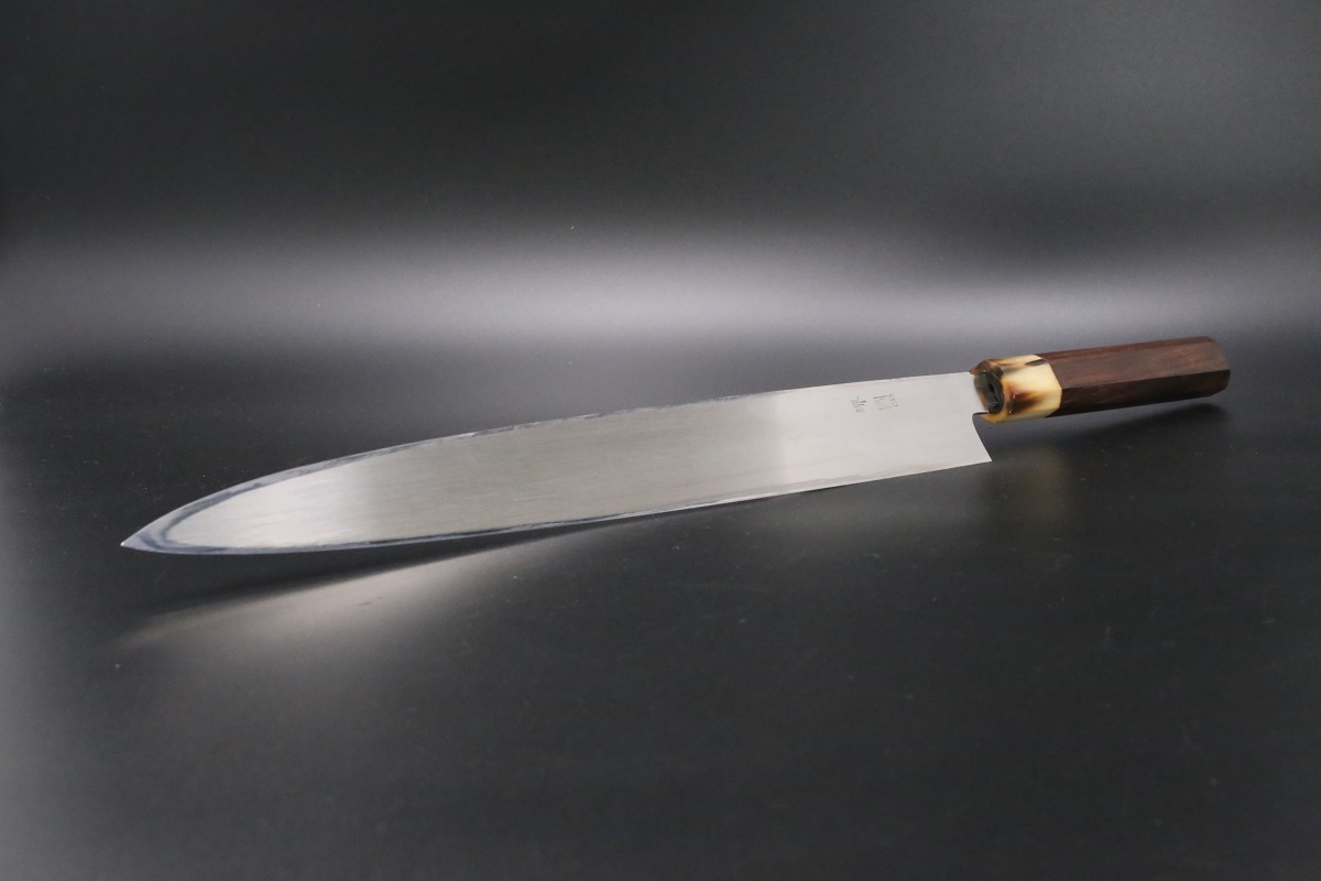 柳刃 白二鋼 水本焼 360mm 平鏡面 波浮かし 刃付師： 森本光一-歌舞