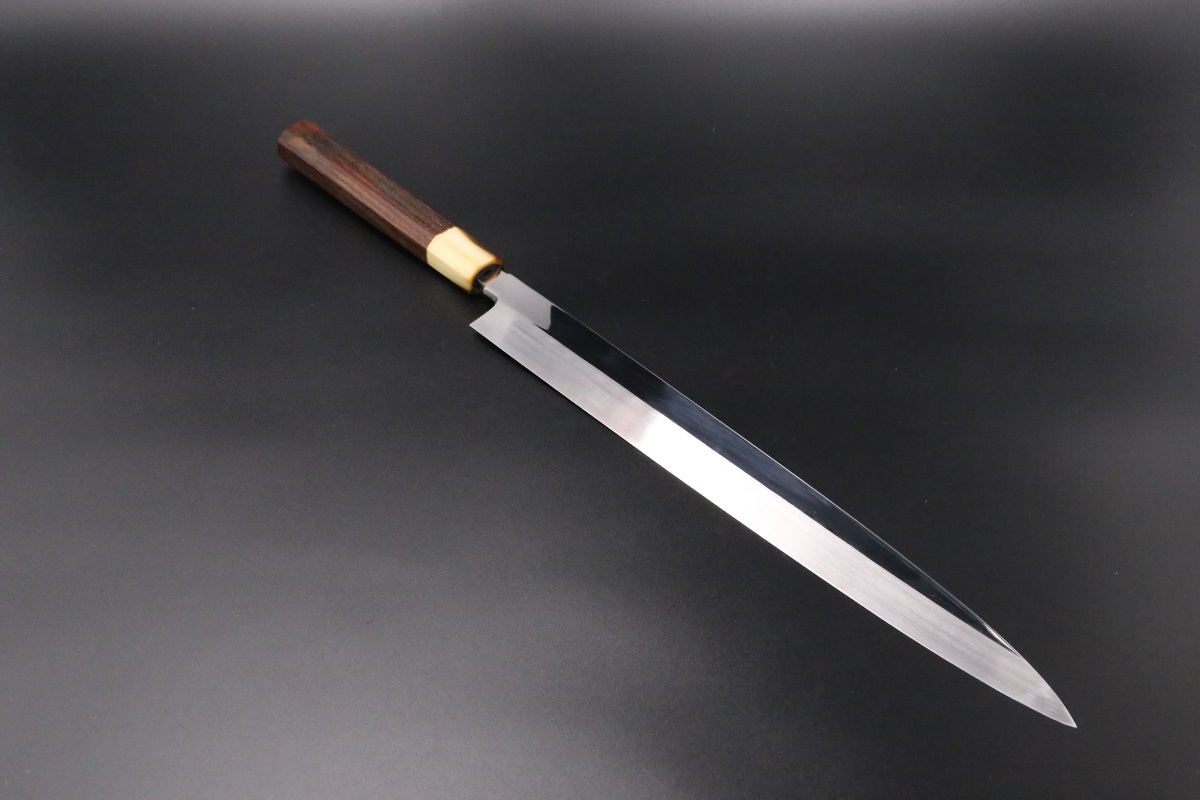 柳刃 白二鋼 水本焼 360mm 平鏡面 波浮かし 刃付師： 森本光一-歌舞