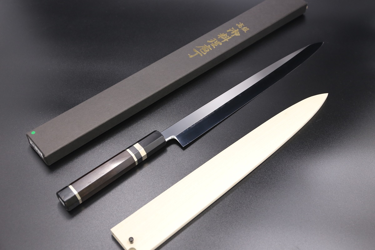 柳刃 白鋼 330mm 油本焼 表鏡面 波浮かし 黒檀柄 鞘付き 白木健一作