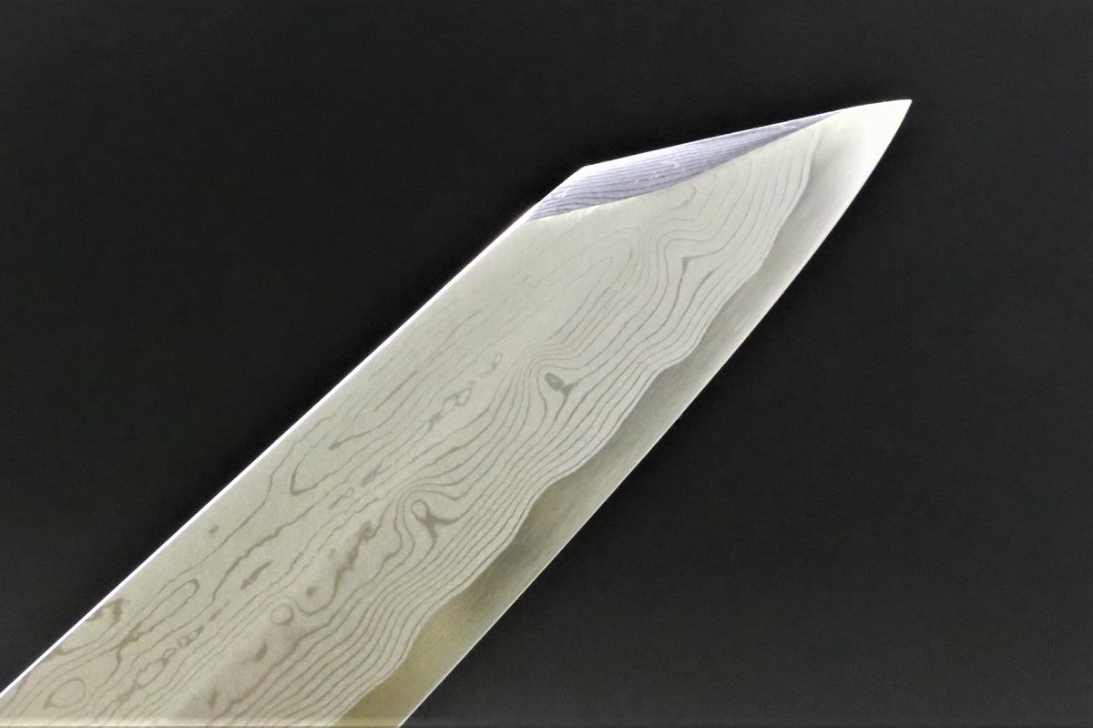 切付柳刃 青一鋼 300mm ダマスカス 墨流し 血流し入り 鞘付き 中川悟志