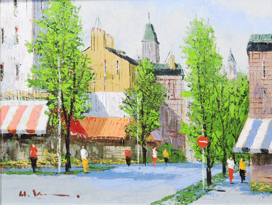 絵画 油絵 並木路のある街（フランス・ラマルク） （黒沢久） 送料無料