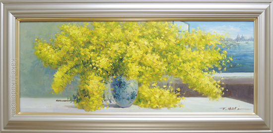 絵画 油絵 ミモザ （堀哲夫） 送料無料 【肉筆】【油絵】【花】【横長