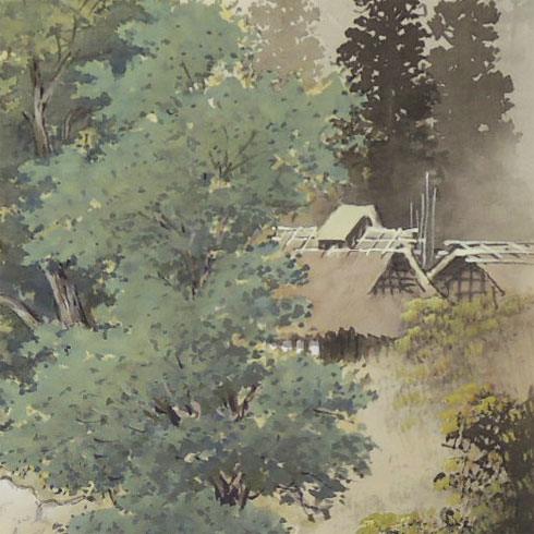 掛け軸 彩色山水 (小島光径) ※即納※ 送料無料 【掛軸】【一間床・半間