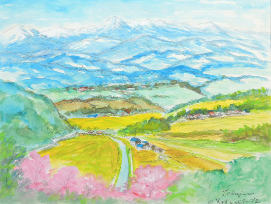 絵画 水彩画 四賀村と北アルプス (岡島哲夫) F6号 送料無料 【肉筆