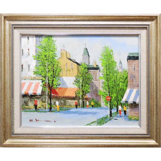 絵画 油絵 並木路のある街（フランス・ラマルク） （黒沢久） 送料無料