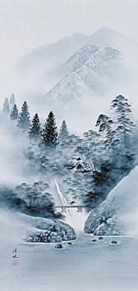 水墨山水 酒井渓水 尺八立 肉筆！ 山水画 - 掛け軸（掛軸）販売通販