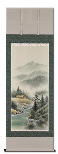 彩色山水 野村英仙 尺八立 肉筆！ 山水画 - 掛け軸（掛軸）販売通販