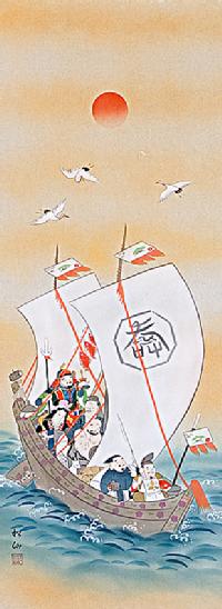 七福神 石田松仙（尺五立) 肉筆 【特価】！ 神事掛け - 掛け軸（掛軸