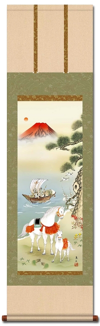 双馬七福縁起図 榎本東山 尺三 【うま・馬・午・干支 】！ 売れ筋