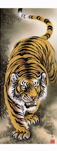 猛虎図 山村観峰 （三美会）尺幅 【特価 】！ 虎 - 掛け軸（掛軸）販売