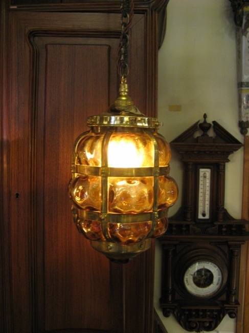 フランス アンティーク アンバーガラス ランタン型 ハンギングランプ