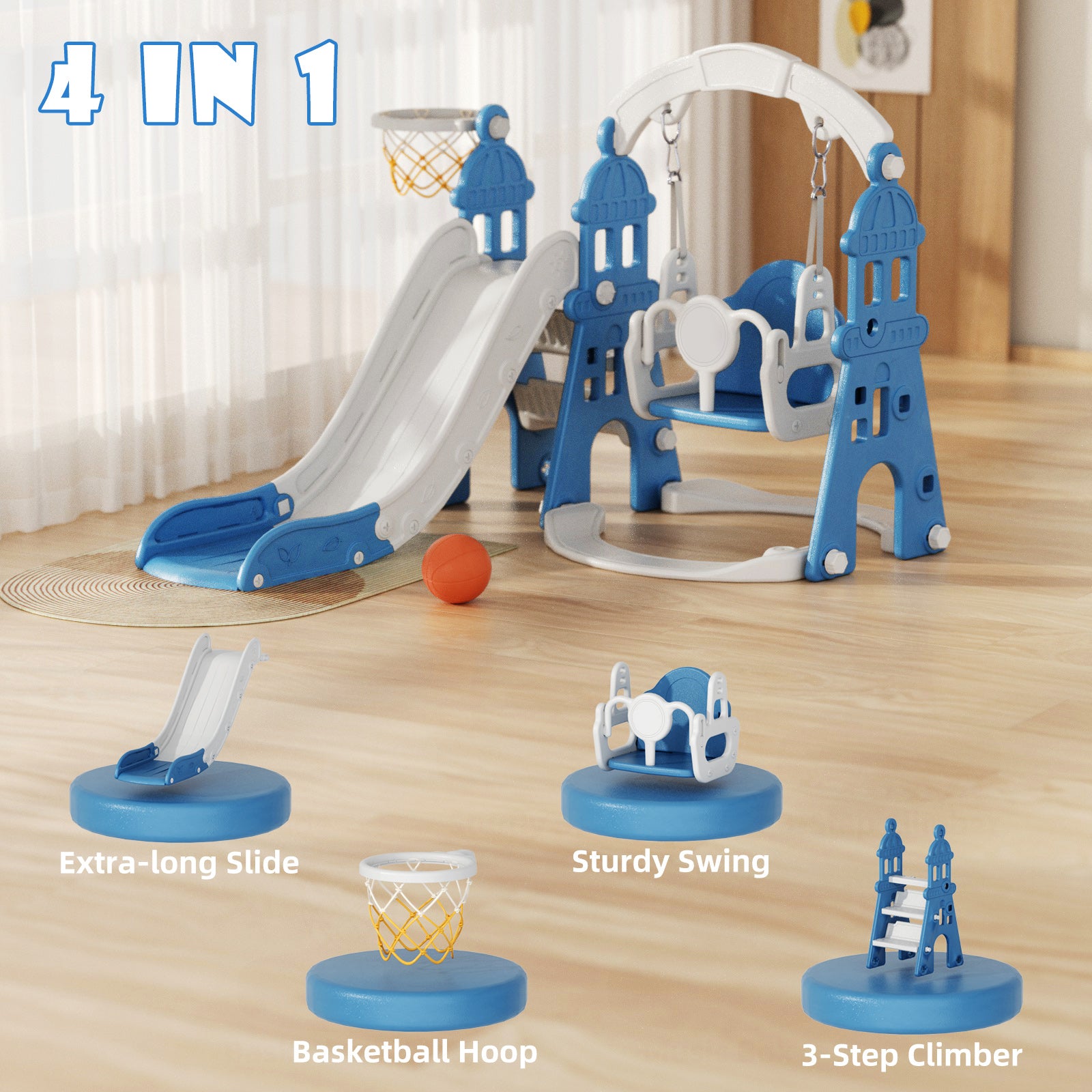 XJD 4-in-1 Toddler Slide and Swing Set Blue In Stock USA