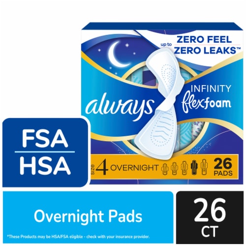 Always Infinity Size 4 Overnight Unscented Pads With Wings, 26 ct