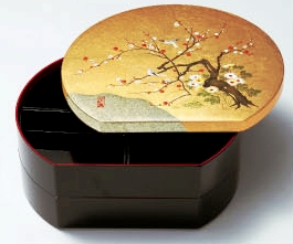 金沢金箔工芸品] 半月型オードブル重箱～錦花鳥～（伝統工芸品）□