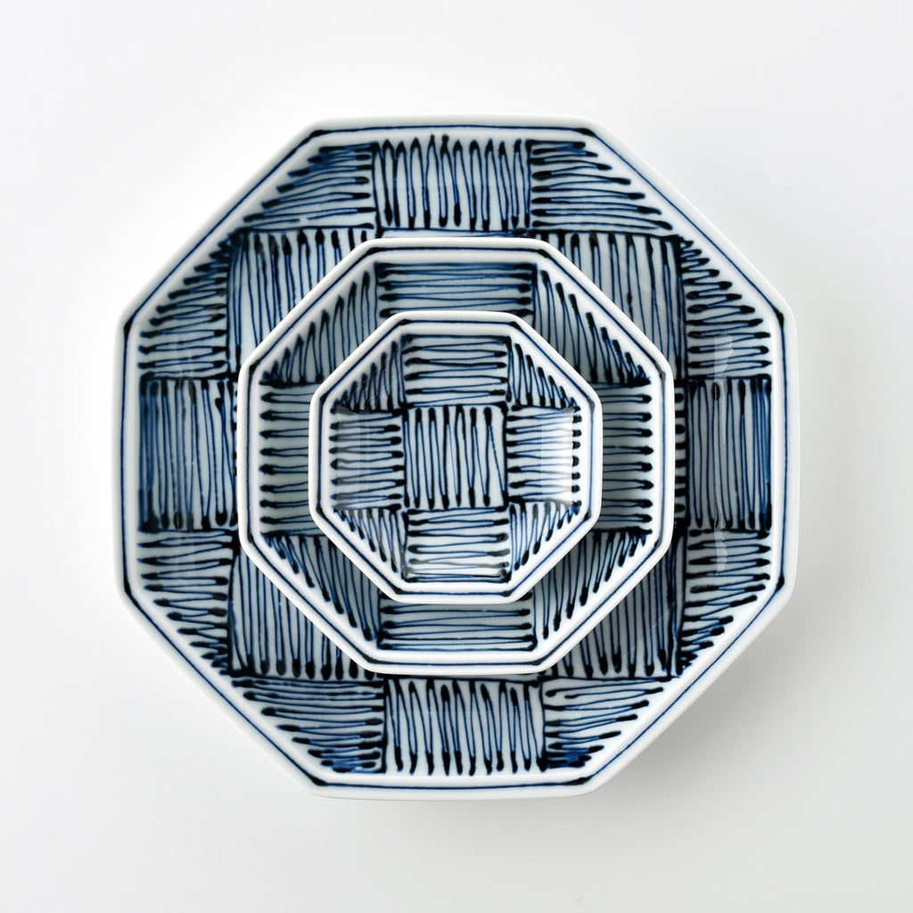 美品 未使用 村田森さん 染付市松角丸皿 美品 未使用 村田森さん 染付